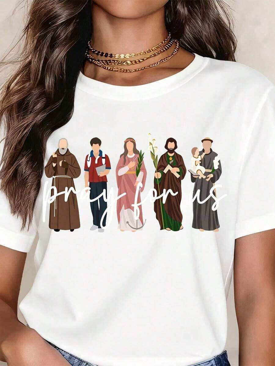 ropa de mujer Camiseta Blanca con Estampado Gráfico Religioso de Santos Católicos Orando por Nosotros Ropa Casual de Verano para Mujer camisas de mujer - Blanco - Ver 1
