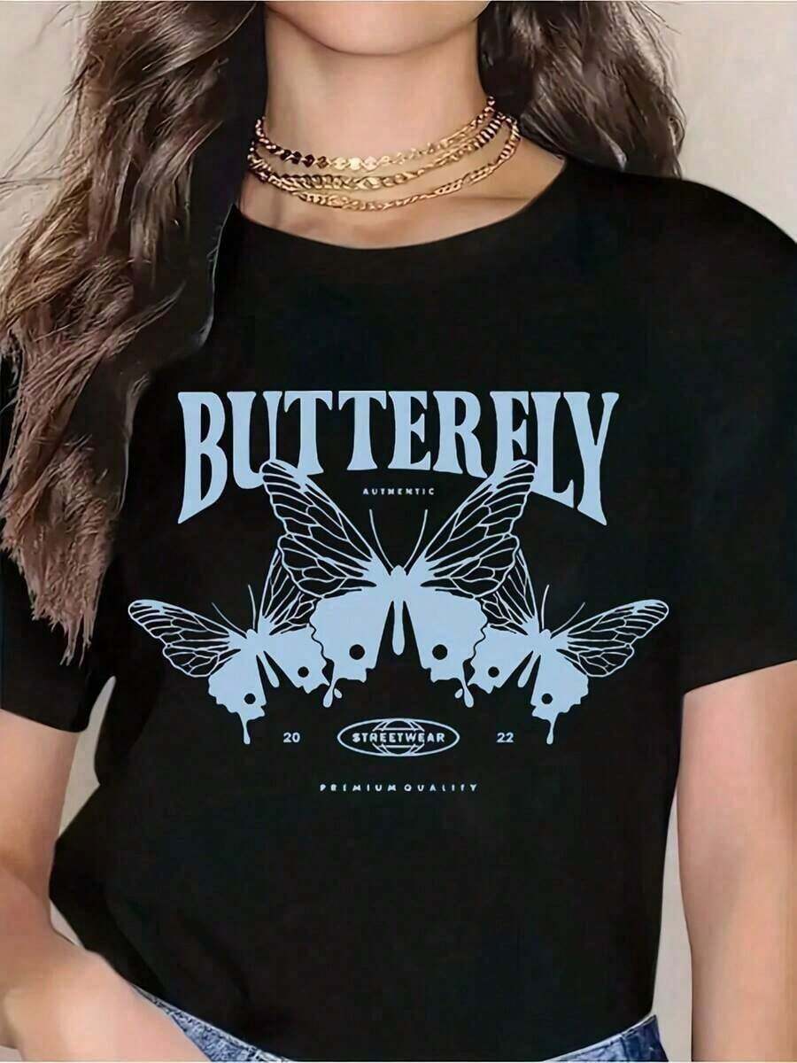 Camiseta con Estampado de Mariposa, Ropa Casual de Moda Urbana, Camiseta de Verano Ligera, Cuello Redondo, Manga Corta, Calidad Premium, Diseño 2022 - Unisex para Uso Diario en el Campus para Mujeres y Hombres |   Diseño exquisito |   Suelto y cómodo |   Fácil de combinar | - Negro - Ver 1