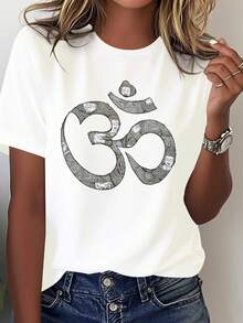Camiseta de mujer pura y cómoda con símbolo Om e imágenes del Buda - Blanco - Ver 2