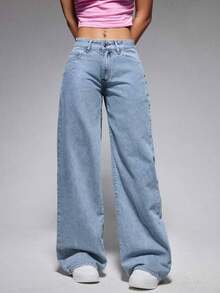 ICON Solid Color Wide Leg Pocket Jeans, Casual And Versatile - 淺色水洗 5 - 查看 11