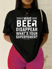 Camiseta divertida para mujer con eslogan de superpoder de cerveza - 100% 180GSM de peso pesado, casual y camiseta con gráfico humorístico de "Hago desaparecer la cerveza", top negro de manga corta y cuello redondo para ropa casual, fiestas y regalos - Ajuste duradero para todas las estaciones, atuendo de fiesta - Negro - Ver 1