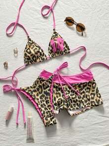 Swim Mod Conjunto de bikini de 3 piezas con parte superior halter escote en V sin espalda, Bottom con lazos laterales y shorts, estampado de lunares, para primavera/verano, bikini de lunares para vacaciones - Multicolor 5 - Ver 3