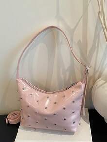 BEIKAMU Fashion Rivet Decor PU Crossbody Bag, Adjustable Shoulder Strap Zipper Closure Versatile Shoulder Bag Satchel, Suitable For University, Commuting, Shopping, Strolling, Daily Use - Pink - View 7