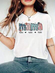 1 pieza de camiseta estampada para el Día de la Madre, camiseta personalizada de manga corta para mujer, 100% algodón, 180g. - Blanco - Ver 7