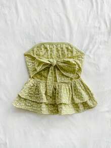 Parte superior/blusa casual de verano amarillo canario con peplum y detalle de nudo atrás, para mujer en vacaciones - Verde - Ver 2