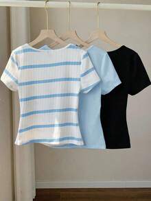 3 piezas de camisetas cortas básicas de cuello redondo y cortas para mujer en marrón café y blanco, ropa de otoño - Azul 2 - Ver 2