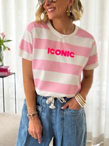 Women's Casual Round Neck Short Sleeve T-Shirt Pink Summer - Pink - View 2