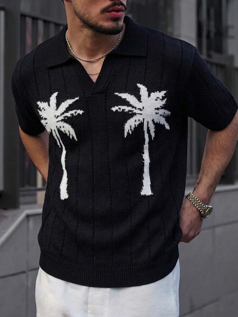 Polo col chemise à demi-patte de boutonnage, motif d'arbre de noix de coco, décontracté pour les vacances et les trajets, blocs de couleurs, mode, confortable, léger, manches courtes, tricot, noir, printemps/été - Noir - Voir 1