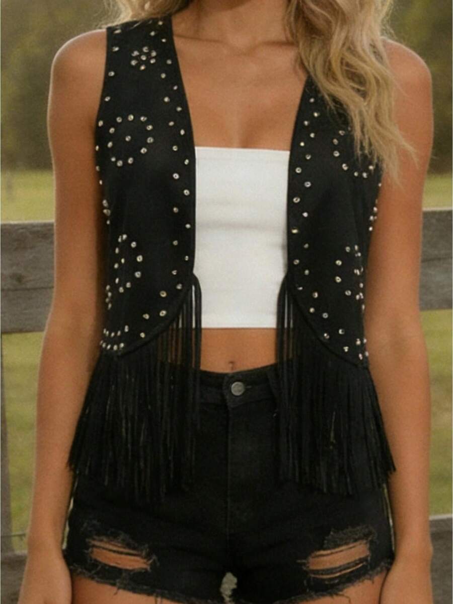 Chaleco elegante sin mangas con borlas y tachuelas para mujer, estilo vaquero, con frente abierto, ideal para vacaciones de verano informales. - Negro - Ver 1
