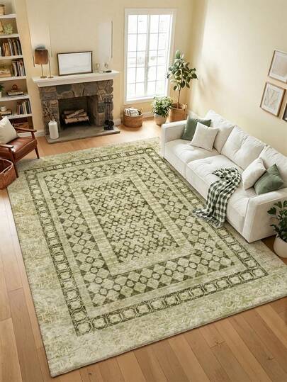 Green Retro Bohemian Pattern Living Room Rug,Suitable For Kitchen,Dining Room,Imitation Cashmere Rugs For Bedroom,Festival Decorative Carpet For Living Room,Indoor And Outdoor,Office,Lobby,Area Rug,Non Slip Door Mat,Bathroom Rug,Corridor,Carpet In Study And Esports Area.