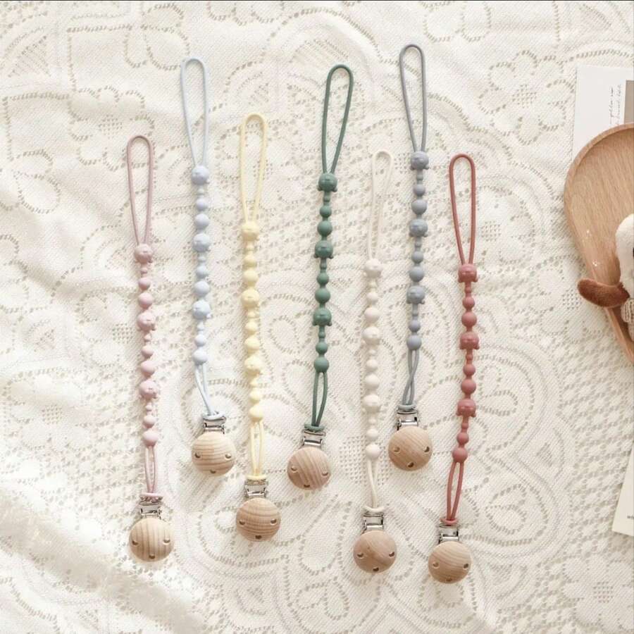 Baby Pacifier Clip With Wooden Clamp, One-Piece Design, Silicone, Chewable, Suitable For Baby Clothes/Stroller/Crib, Baby Gift - Multicolor - View 1