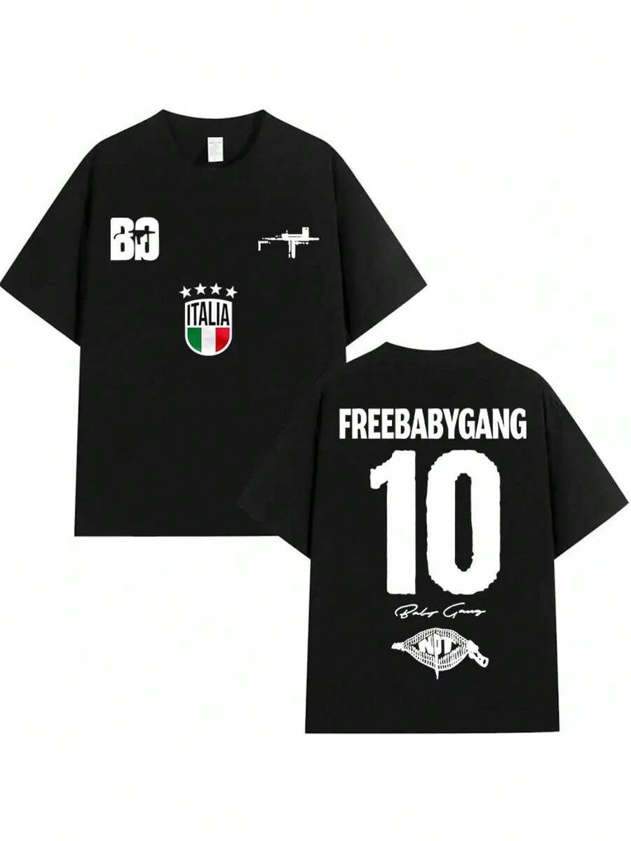 Nueva Llegada Playera Unisex Estilo Urbano, Diseño con Gráfico Deportivo y Bandera, Cuello Redondo Manga Corta, Prenda Casual Multiestación, Ideal para Uso Diario y Regalos - Negro - Ver 1