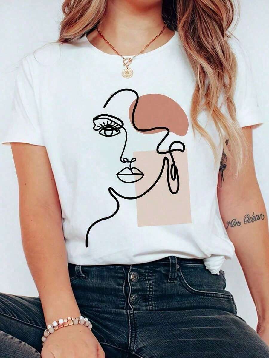 1 pcsCamiseta de algodón con estampado casual de moda para mujer180g 100% Cotton - Blanco - Ver 1
