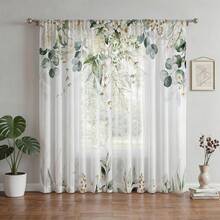 1 pièce Rideau translucide à motif d'eucalyptus vert aquarelle, rideau semi-transparent à imprimé végétal avec poche pour tringle, rideau en polyester léger, convient pour la chambre, le salon, la cuisine et la décoration de la maison - Vert acidulé - Voir 14