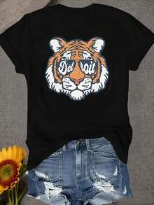 Women's T-Shirt With A Retro Detroit Tigers Mascot Print, Evoking City Pride And A Nostalgic Vibe. This Women's Printed T-Shirt Is Comfortable For All Seasons And Machine Washable. A Very Distinctive Printed T-Shirt / Unisex Style / Suitable For Both Men And Women / Wrinkle-Resistant / Breathable - 黑色 - 查看 6