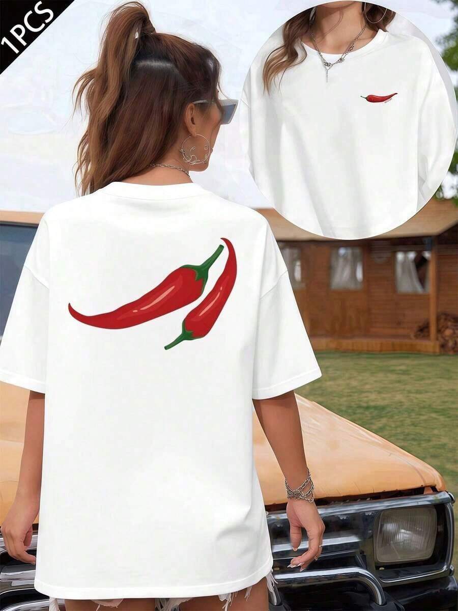 Chile Print T-Shirt, Short Sleeve Cotton T-Shirt With Round Neck, Double-Sided Print, Casual Fashion For Women (1 Piece) 100% Cotton, Soft Fabric - 白色 - 查看 1