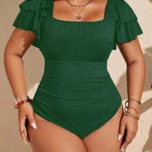 Swim Chicsea 2026 New Summer Beach Vacation Ruffled Petal Sleeve Plus Size One-Piece Swimsuit - Verde militar - Ver 1