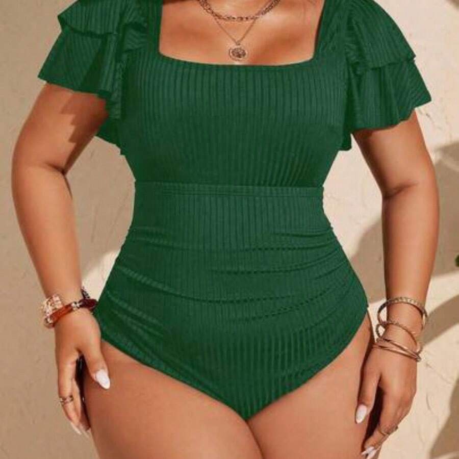 Swim Chicsea 2026 New Summer Beach Vacation Ruffled Petal Sleeve Plus Size One-Piece Swimsuit - Verde militar - Ver 1