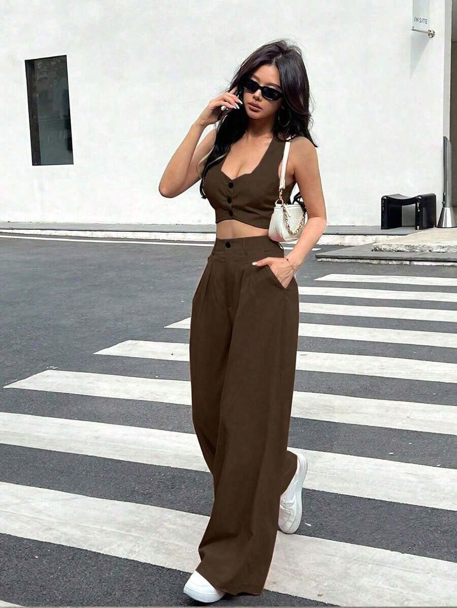 Set de 2 piezas para mujer: Top sin mangas de cuello de corazón con dobladillo asimétrico de unicolor y pantalón largo con bolsillo detallado - Café integral - Ver 1