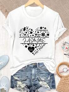 Camiseta manga corta cuello redondo 100% algodón, estampado trendy, tejido ligero y ventilado, estilo moda casual, apta para vida diaria, salidas informales y citas en primavera, verano y otoño - Blanco - Ver 1