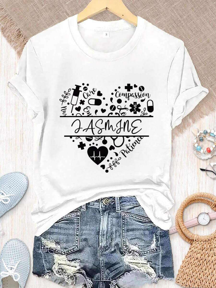Camiseta manga corta cuello redondo 100% algodón, estampado trendy, tejido ligero y ventilado, estilo moda casual, apta para vida diaria, salidas informales y citas en primavera, verano y otoño - Blanco - Ver 1