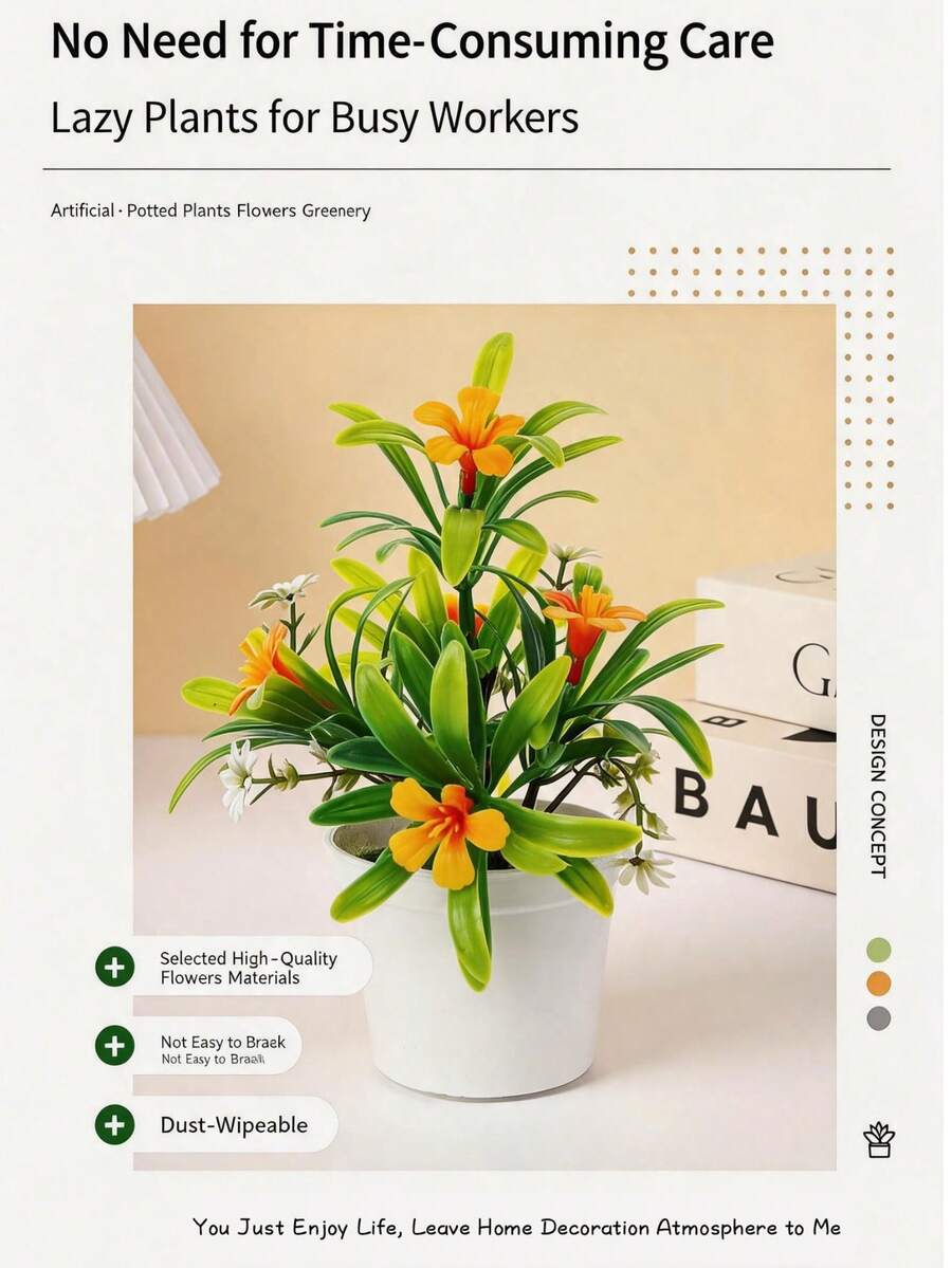 Artificial Trumpet Flower Small Potted Plant, Desktop Decor, Indoor Plastic Greenery Ornament - Coral Orange - View 1