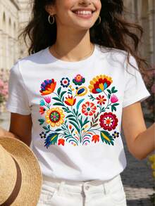 Soft 100% Cotton T-Shirt, With Mexican Style Floral Print And Lettering, Short Sleeves And Round Neck, Casual Women's Clothing, Breathable Cotton T-Shirt, Versatile And Modern. - 白色 - 查看 6