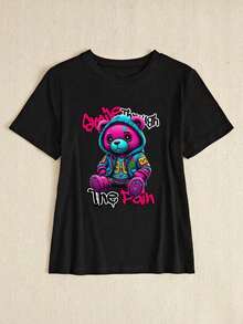 Women's Slim-Fit Short Sleeve Casual T-Shirt, Teddy Bear Print, Colorful Artistic Design T-Shirt, Vibrant Abstract Graphic Design Unisex, Funny Bear Print T-Shirt For Women - Unisex, Suitable For Casual Daily Outings, Short Sleeve Summer T-Shirt, Y2K Retro Print T-Shirt. - 黑色 - 查看 5