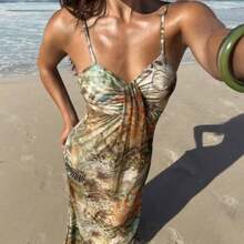 Women's Summer Beach Vacation Maxi Dress Loose Dress Elegant Floral Print Spaghetti Strap Apricot Dress Summer Dresses For Women,Graduation,Teacher Outfits For Women,Teacher Dress,Romantic Dress,Elegant Party Dresses,Casual Long Dresses - Verde - Ver 1