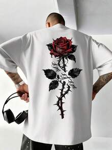 Men's Street Goth Rose Print Short Sleeve T-Shirt, Suitable For Summer, Comfortable & Breathable, Leading Fashion - White - View 3