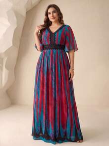 SUPGIR [Random Cut] Plus Size V-Neck Tie-Dye Patchwork Lace Short Sleeve Flared Maxi Dress, Spring/Summer - Multicolor - View 3