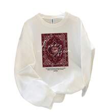 Camiseta de manga larga 100% algodón puro, estilo casual, versátil, estilo europeo y americano, moda de principios de otoño, top con estampado vintage único, a la moda. - Blanco - Ver 6