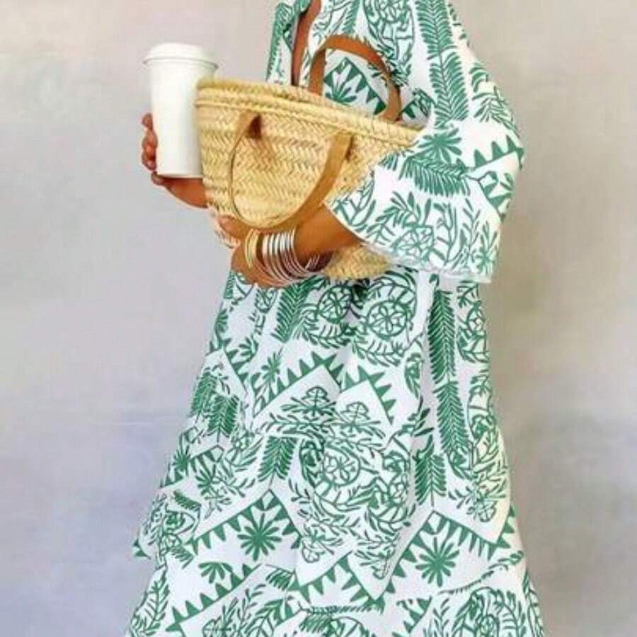 Women's Casual Resort Full Print Flare Sleeve Dress Elegant Spring - Verde - Ver 1