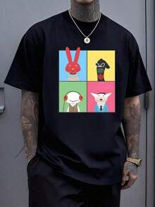 Four Colorful Characters Represent Diversity And The Interplay Between Different Worlds: A Cheerful Red Rabbit, A Sock With Glasses, A Being With Headphones, And Another In A Suit, Symbolizing Humor And Joy In Everyday Life. T-Shirt, Size [Size Missing], Cotton, RAIJ QGSR - 黑色 - 查看 8