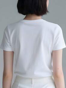 Camiseta manga corta cuello redondo 100% algodón, estampado trendy, tejido ligero y ventilado, estilo moda casual, apta para vida diaria, salidas informales y citas en primavera, verano y otoño - Blanco - Ver 2