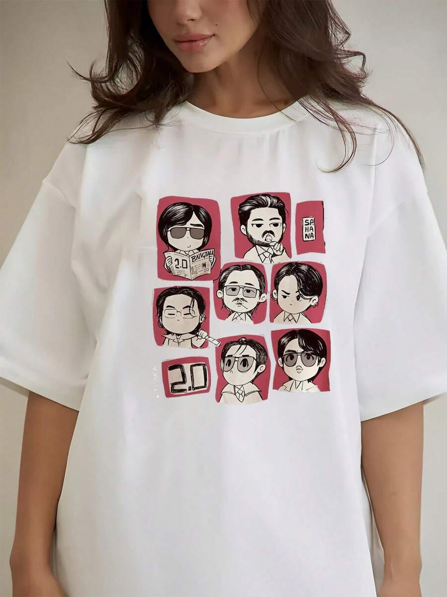 Camiseta unisex de manga corta, ropa de moda para mujer de primavera/verano, con un estampado suave y adorable de estilo Q, en una combinación de colores burdeos y blanco, complementado con expresiones de personajes originales.El diseño general es relajado y lindo, estilo "merchandise de fans": playeras hombre, spiderman, ,  mujer, romwe men, boho chic, regalos para maestras, camiseta para mujer, conjuntos curvy para mujer, y2k. - Blanco - Ver 1