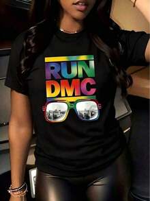 Camiseta Casual de Verano para Mujer, Estilo Oversize, 1 Pieza, 220g, Estampado Digital Run DMC, 100% Algodón, Camiseta con Gráficos de Música Hip Hop - Negro - Ver 7