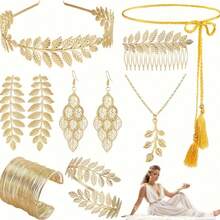 7 Peças Conjunto de Fantasia de Deusa Grega Vintage, Tiara de Folha de Pérola Brilhante, Vestido Grego, Festa de Halloween Cosplay, Pulseira Espiral, Colar, Tiara, Brincos, Fantasia e Acessórios de Deusa de Luxo para Halloween Mascarado - Multicolorido - Visão 21