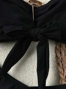 Nuevo conjunto de bikini negro sólido, sexy, elegante, casual, para playa, vacaciones y citas, sin tirantes, para primavera/verano - Negro 2 - Ver 4