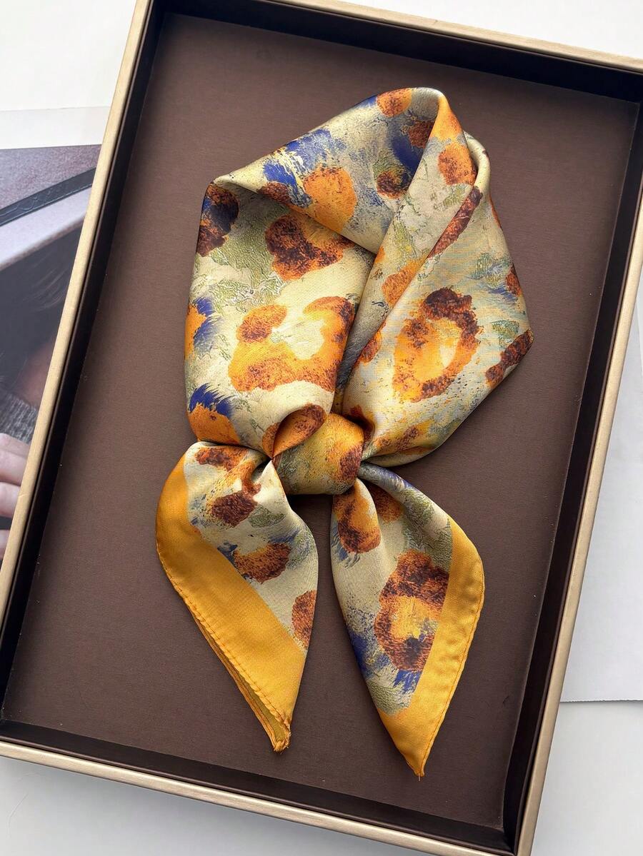 1件奢華品牌豹紋正方形小絲巾 絲綢般質感 女款休閒多用途裝飾小方巾 - 芥末黃 - 查看 1