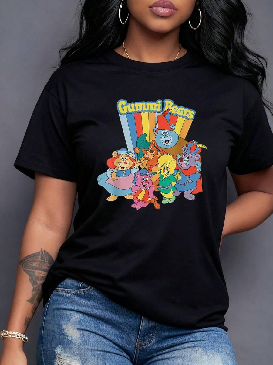 Colorful Smiling Bears Representing Friendship And Joy On A Bright Striped Background Evoking Positive Energy And Youthful Spirit. Comfortable Casual Short-Sleeved T-Shirt For Women. - 黑色 - 查看 1
