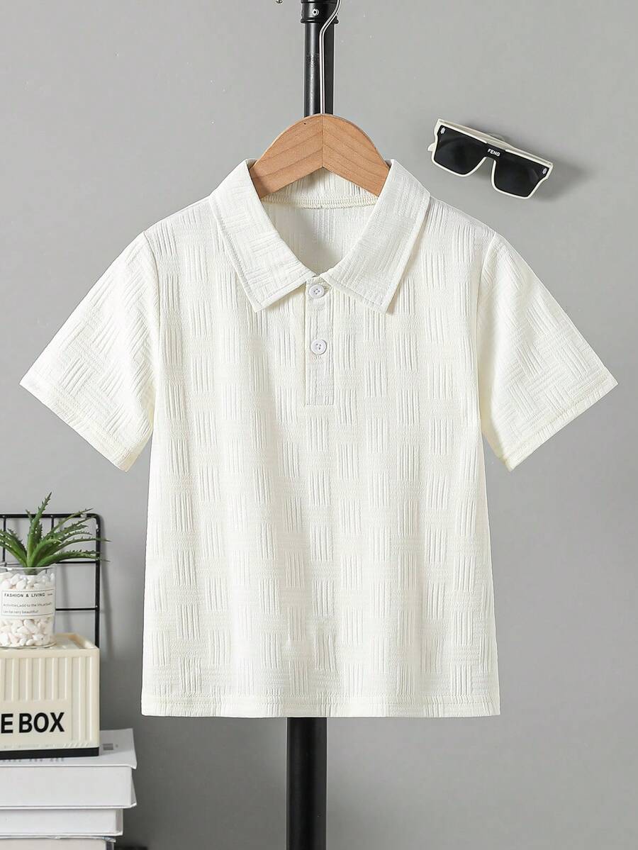 男孩學院風復古紋理布料短袖 Polo 衫,適合返校季、生日派對、晚宴、表演、婚禮、洗禮、開幕式等場合,男孩夏季穿著 - 杏色 - 查看 1