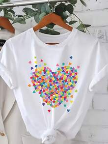 Women's Short Sleeve T-Shirt - Heart-Shaped Print Design, Casual Short Sleeve Top With Round Neck, Machine Washable, Soft And Breathable Fabric, Women's Clothing For Spring And Summer. - 白色 - 查看 7