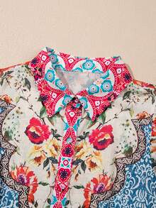 Vestido elegante con botones delanteros, mangas con volantes y estampado floral de rosas - Multicolor - Ver 7
