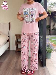 SANRIO 2件套可爱小猫图案睡衣套装，柔软舒适面料，成人女士家居睡衣 - 粉色 - 查看 7
