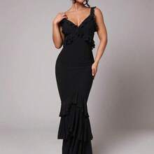Premium Quality Romantic Spaghetti Strap Flounce Hem Long Dress, Elegant Women Solid Color Casual Vacation Wear For Spring/Summer, Holiday, Beach, Suitable For Valentine's Day Date Women Elegant Dresses Women Dress Woman Dress Women Dresses,Graduation - Café integral - Ver 7