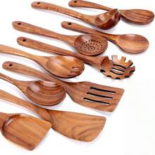 10pcs Premium Teak Cookware Set - Non-Stick Pans, Heat Resistant, Ergonomic Handles, Comfortable Grip, Suitable For Mixing, Baking, Serving And Easy Cooking, Outdoor Camping Cookware Set - Perfect For Mother's Day, Thanksgiving, Halloween, Easter, Christmas, Essential Kitchen Items | Stylish Wooden Spoons | Durable Kitchen Utensils - Brown - View 6