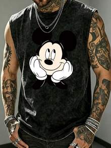 Disney Men's Sleeveless Short SleeveCasual Streetwear Style Men's T-Shirt Mickey Mouse Cartoon Print Summer Wear For Gift To Friends And Family - màu đen - Xem 2