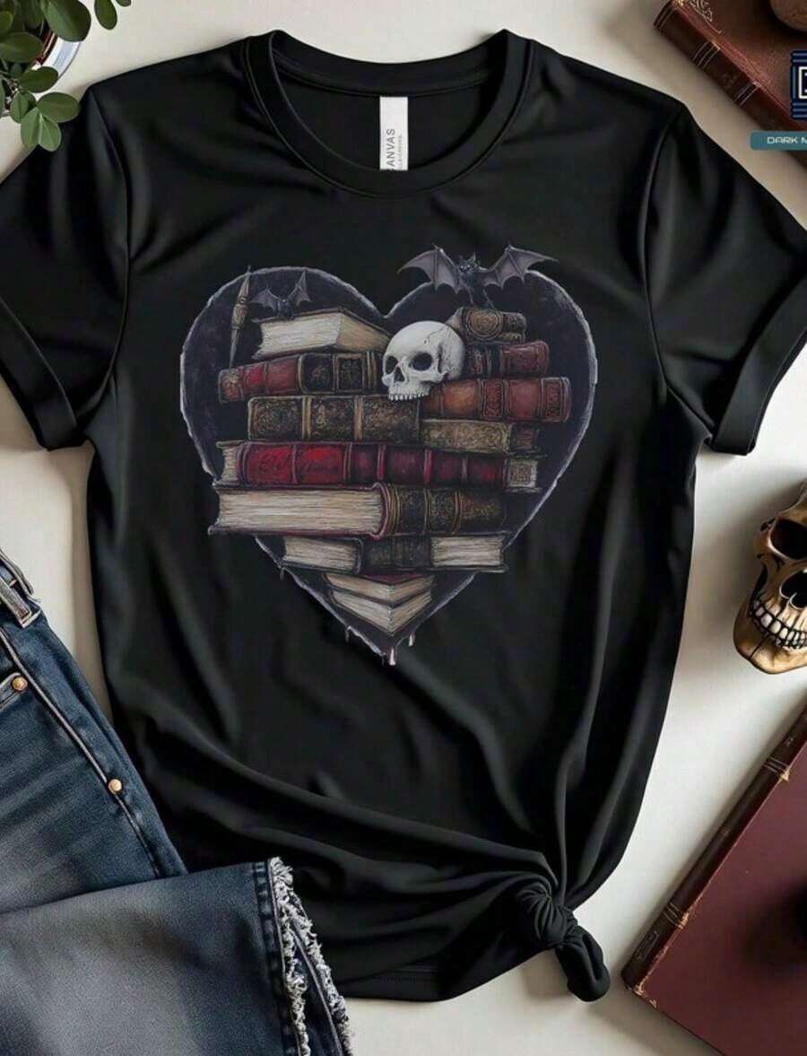 1 Gothic Valentine's Day T-Shirt, Academic Skull And Heart Design, Valentine's Day T-Shirt With Bats And Books, Unique Gothic Fashion, Romantic Dark Aesthetic T-Shirt, 210g 100% Cotton, Designs Are Printed. Unisex. - 黑色 3 - 查看 1