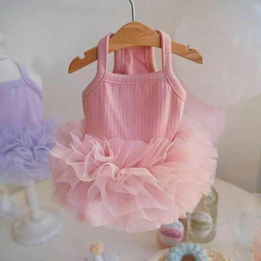 1 bộ quần áo thú cưng mùa xuân/hè, váy voan mềm mại, váy yếm cho cún con/mèo con, phù hợp với chó Poodle, Bichon Frise. - Hồng - Xem 1